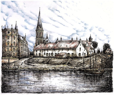 Handelshuizen en rectoraatskerk (Rochuskerk) Steyl rond 1900 (1-B) - tekening klaar