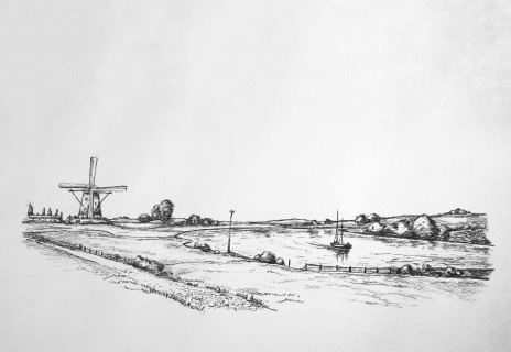 Maaslandschap bij molen de Grauwe Beer te Rijkel. Net aan deze tekening begonnen.